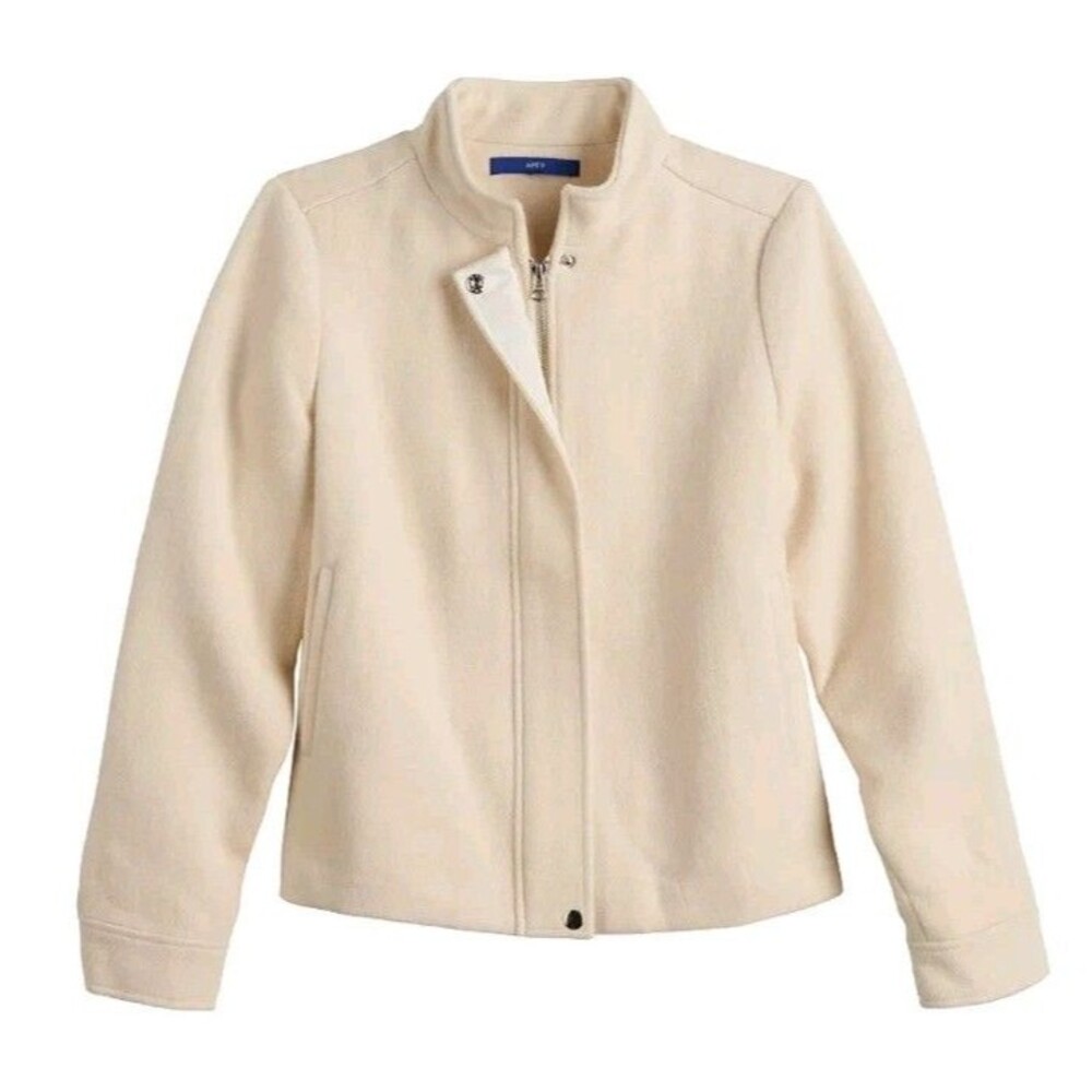 APT. 9 Women’s Size Large Moto Jacket Ivory Soft Full Zipper Coat Wool Blend